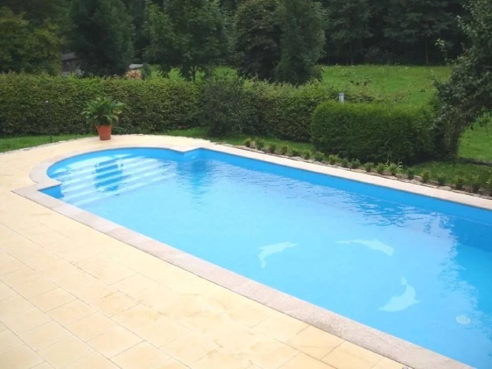 Blue swimming pool beside a beige patio with green hedges and trees in the background