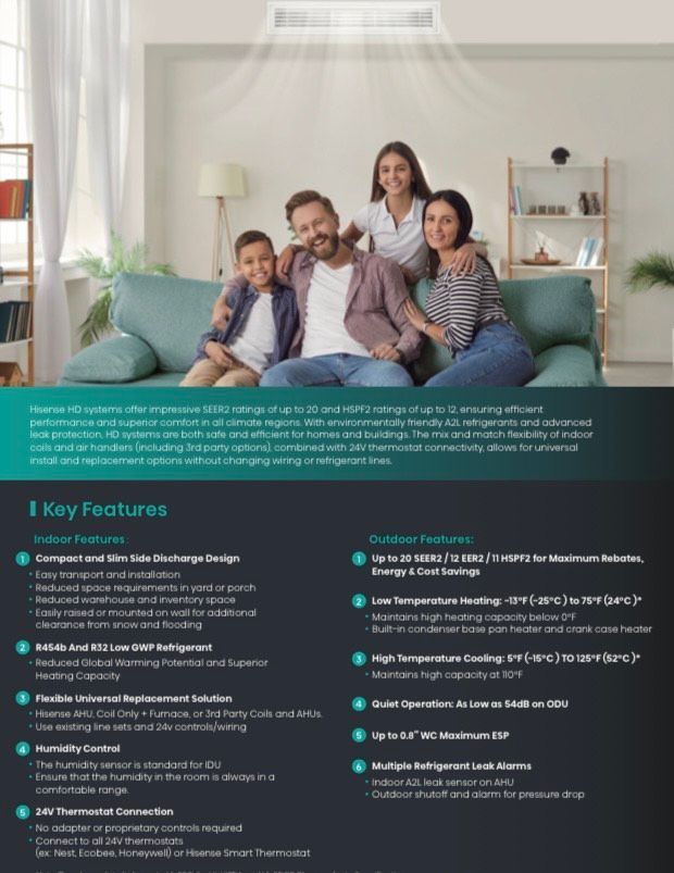 Family sitting on a teal sofa in a bright living room, with a feature list and text panel below.