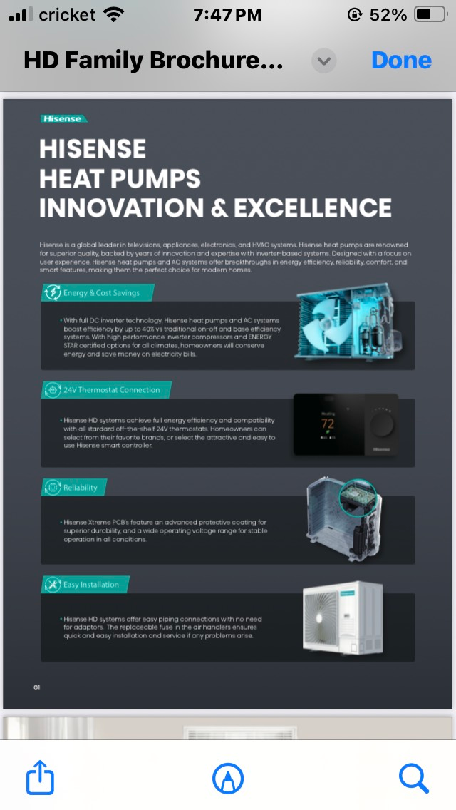 Phone screen showing a Hisense heat pumps brochure page with three product sections and images.