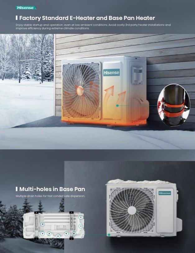 Snowy outdoor heat pump ad showing two Mitsubishi units and a person in a helmet by a house