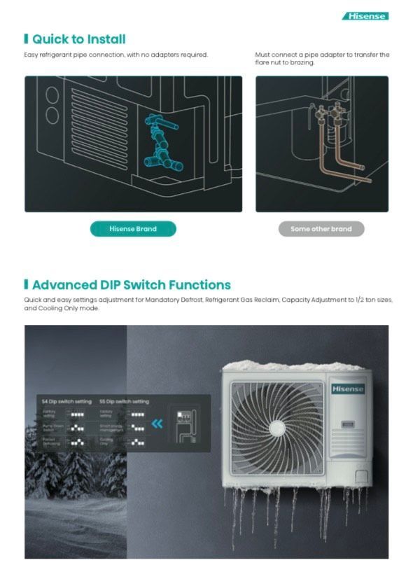 Infographic showing quick install and advanced DIP switch functions for a pool heater controller