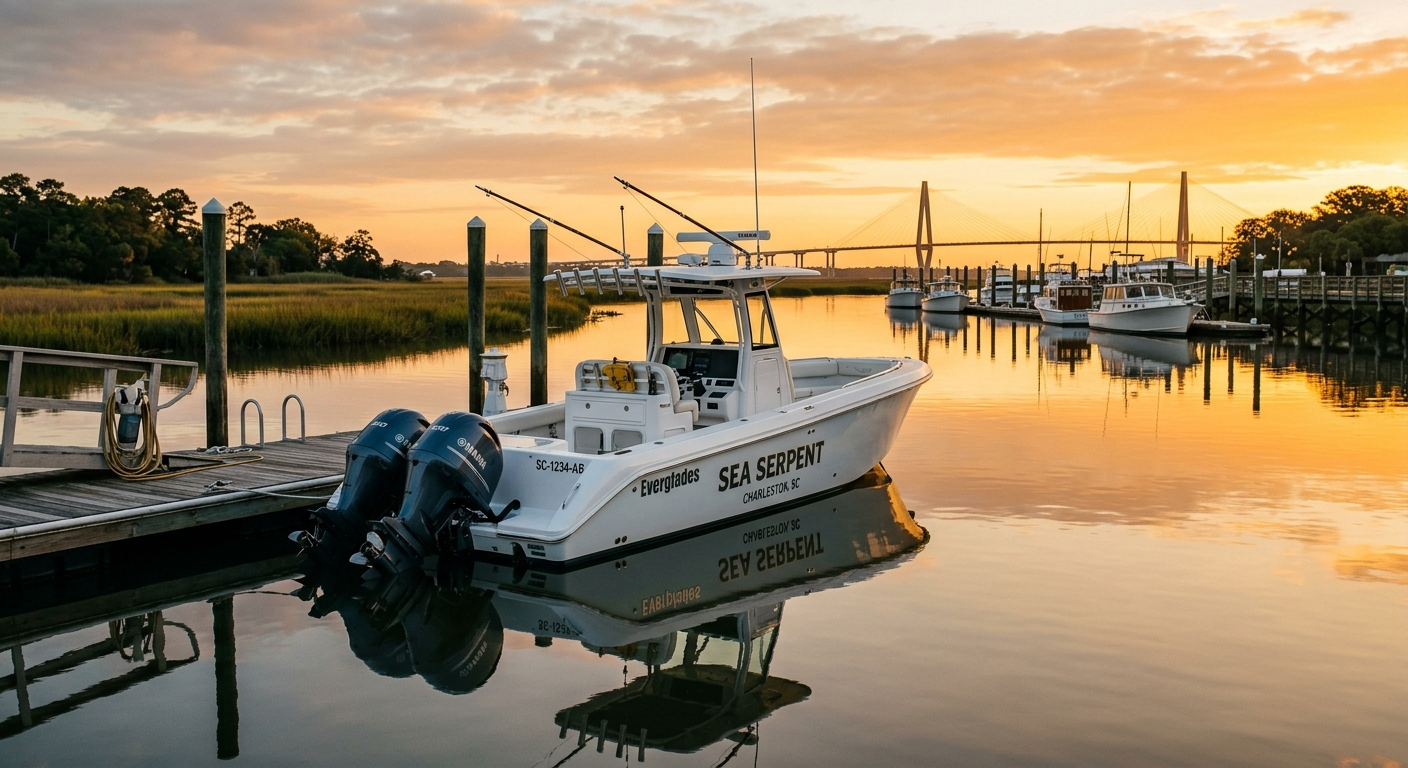 A center console fishing boat docked at a South Carolina marina on a clear day with calm water and blue skies