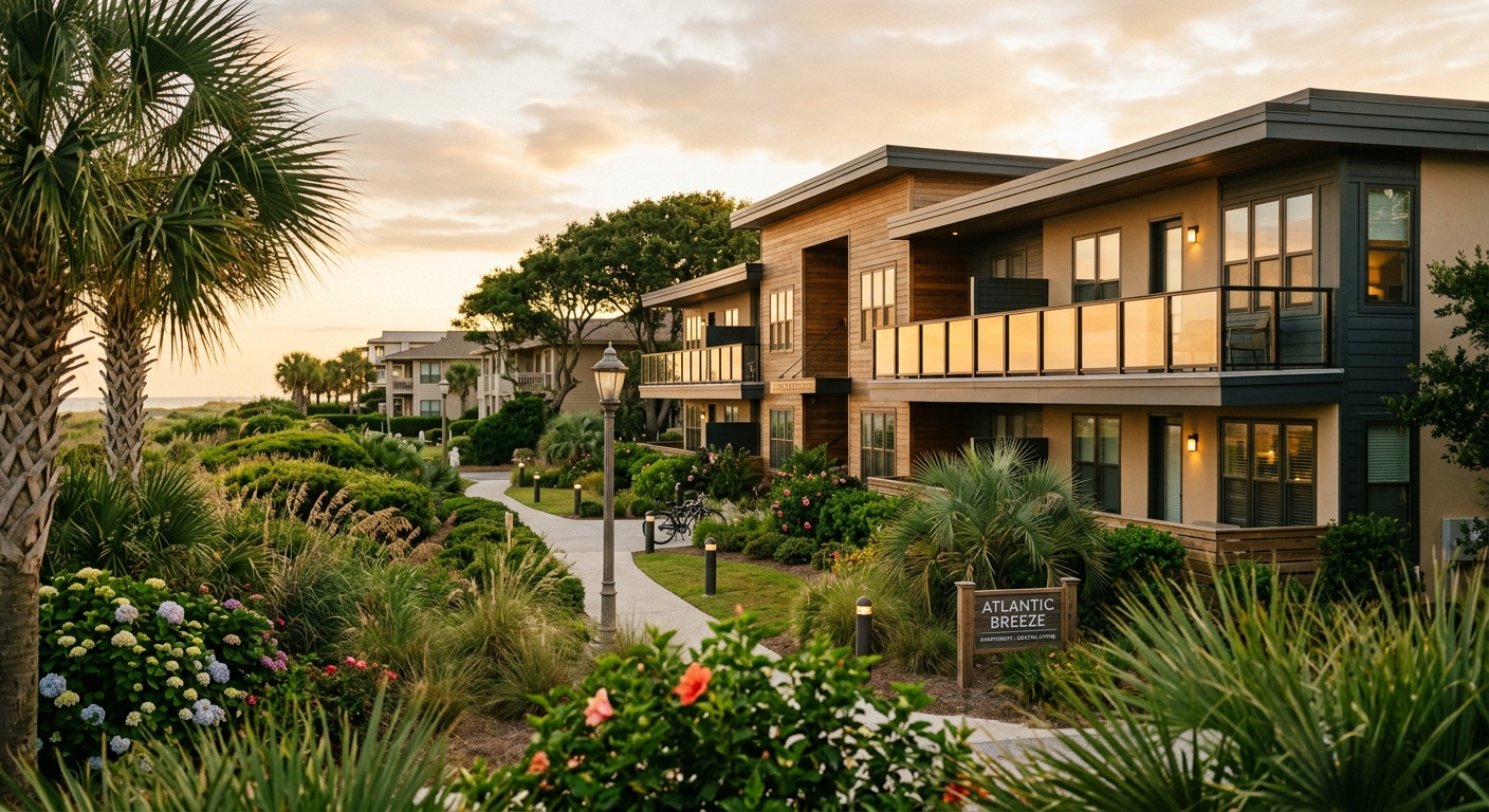 Aerial view of a multi-building apartment complex near the South Carolina coastline on a sunny day
