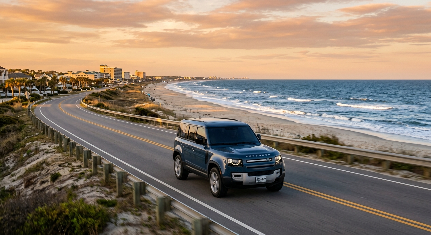 Driver on a sunny coastal highway near North Myrtle Beach with the Atlantic Ocean visible in the background