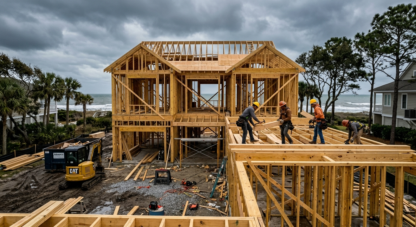 Construction site with wood framing and blue sky near the South Carolina coast, workers visible in the background