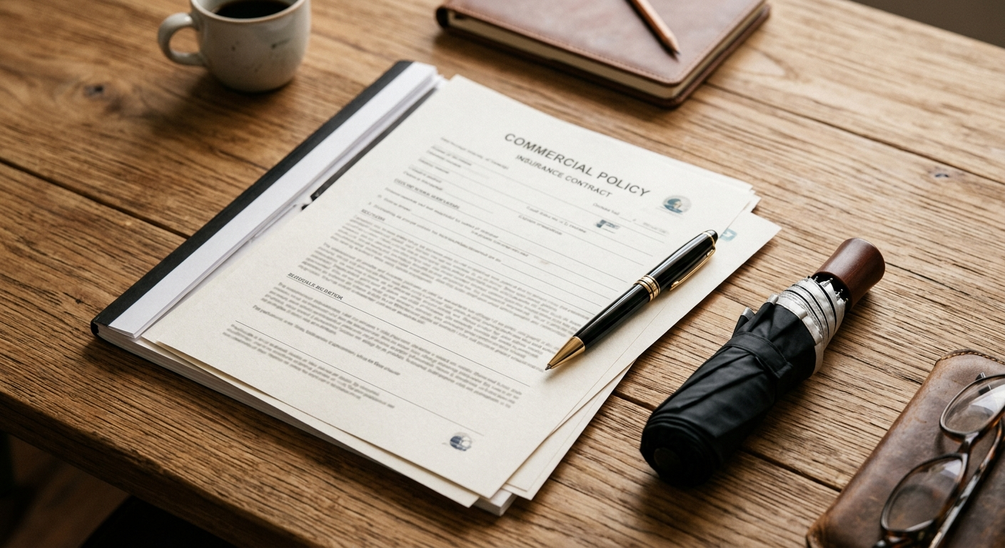 Business owner reviewing commercial insurance policy documents at a desk in a coastal South Carolina office