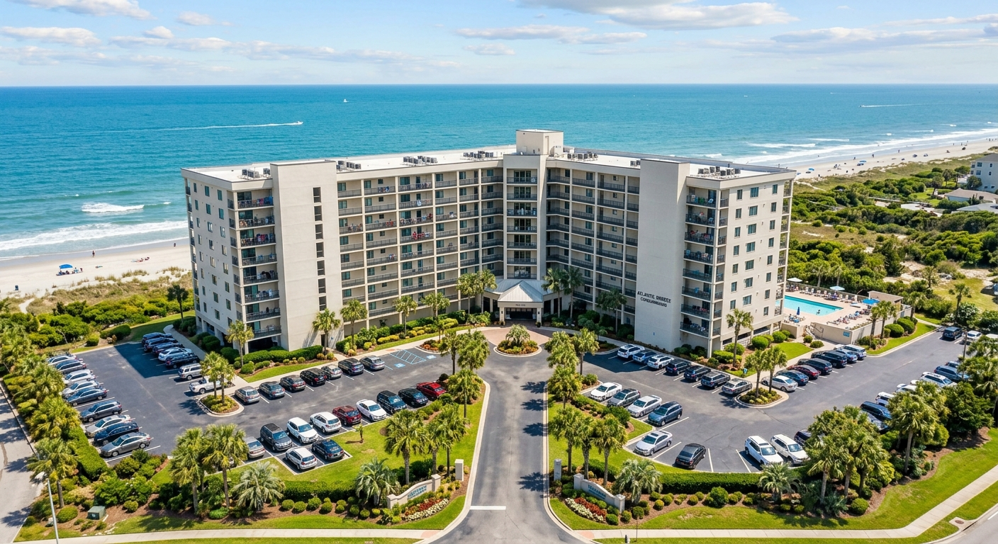 Aerial view of a coastal South Carolina condominium complex near the beach on a sunny day