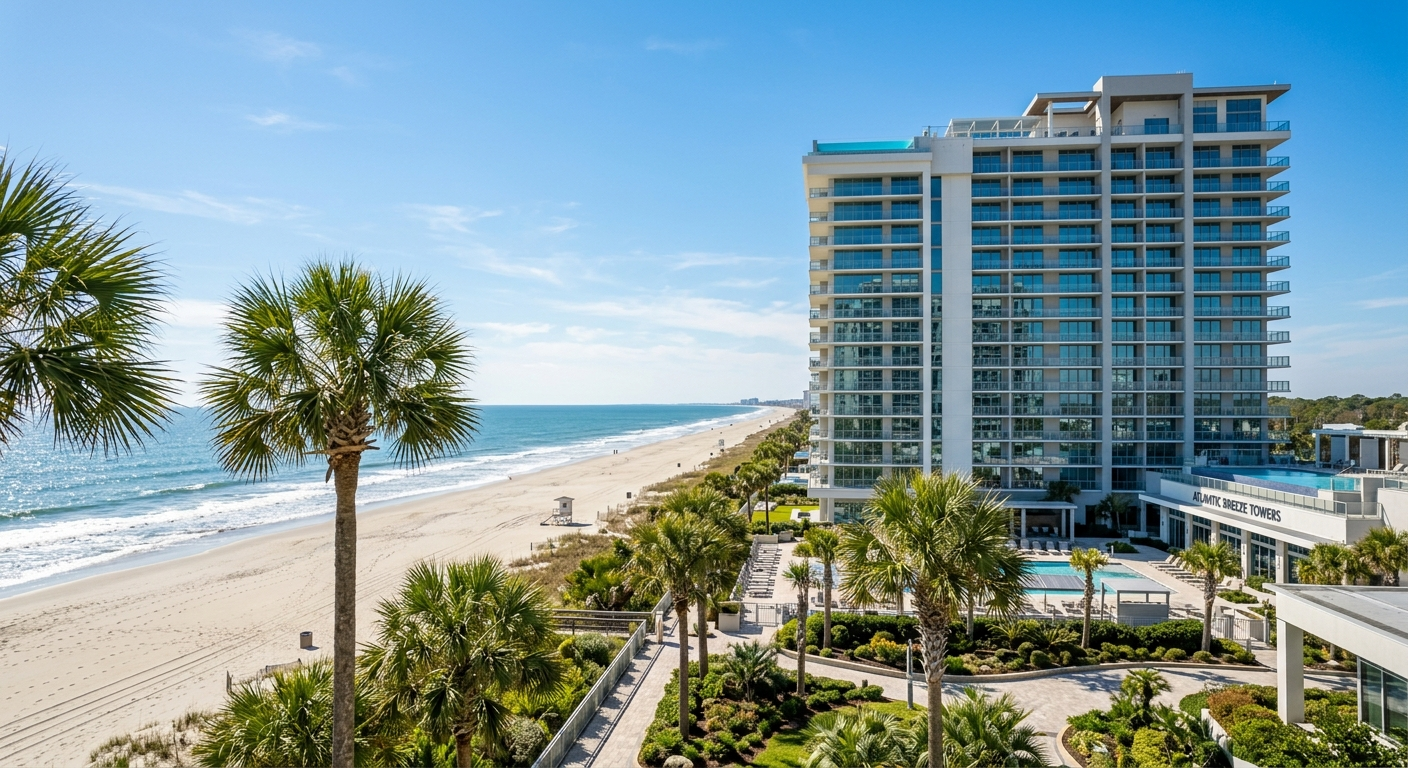 Oceanfront condo balcony view in Myrtle Beach South Carolina on a sunny day with palm trees and blue water