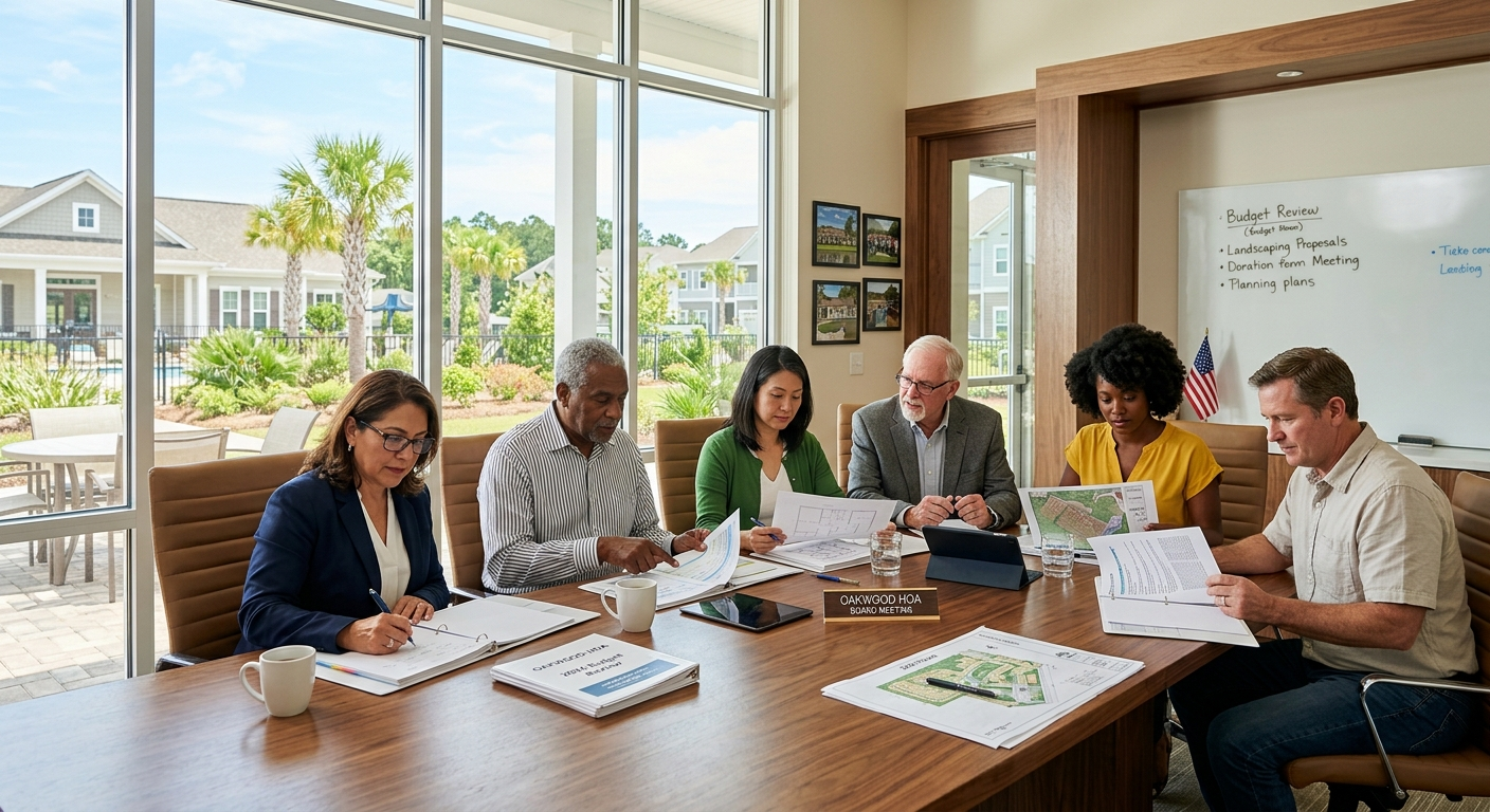 Condo association board members reviewing insurance documents at a table in a South Carolina coastal building