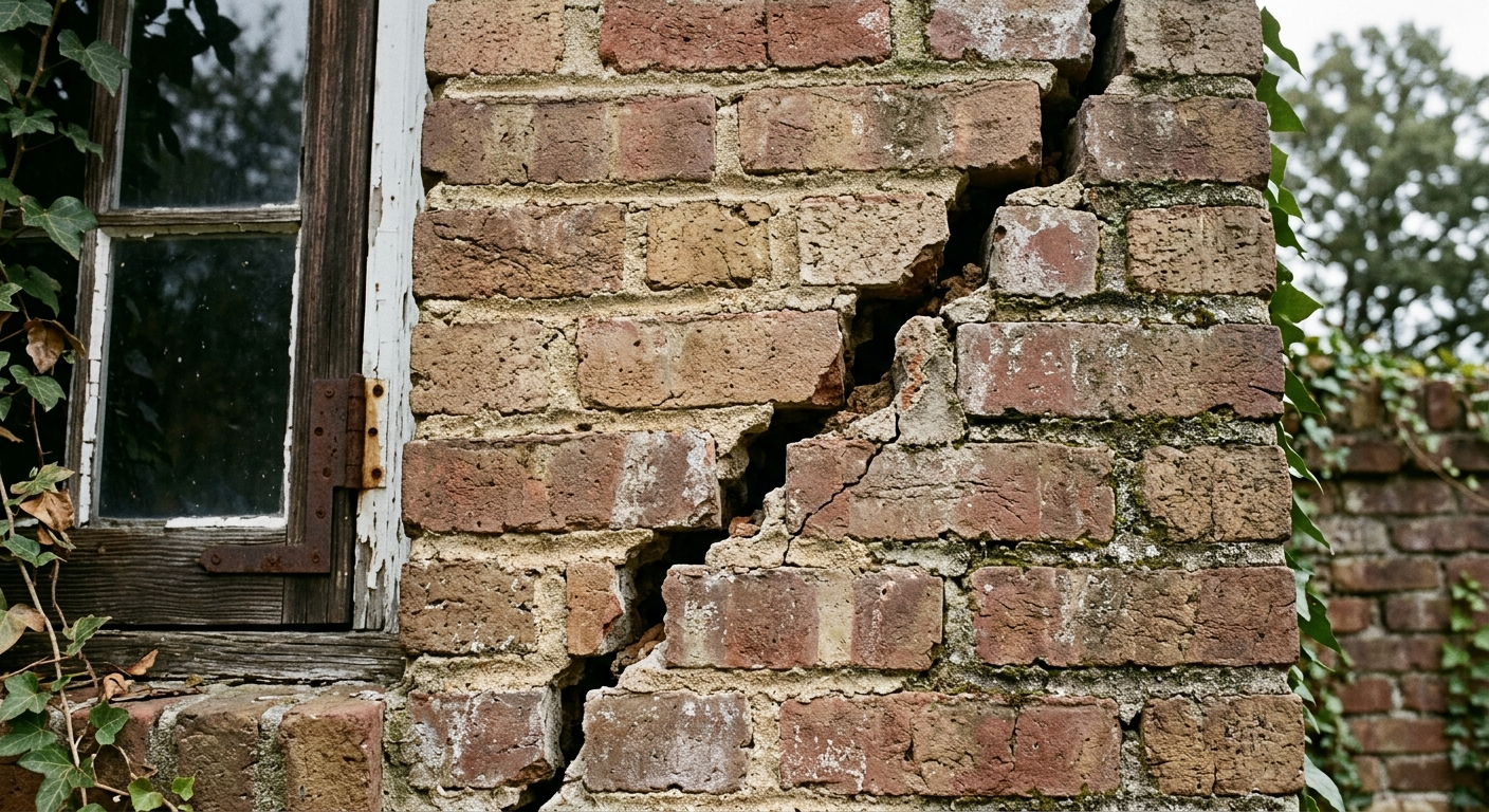 Cracked masonry foundation of a coastal South Carolina home after seismic activity, with a neighborhood street visible in