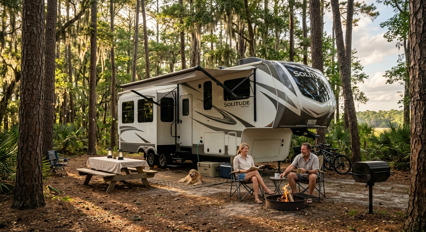 A large fifth wheel trailer parked at a coastal South Carolina campground near the water with palm trees in the background