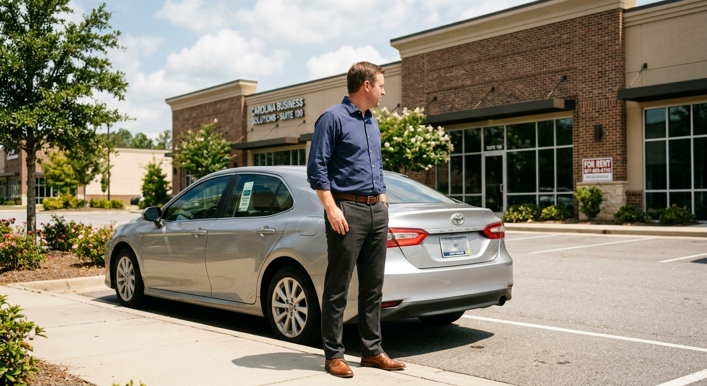 Business owner reviewing documents next to a parked sedan outside a South Carolina coastal office building