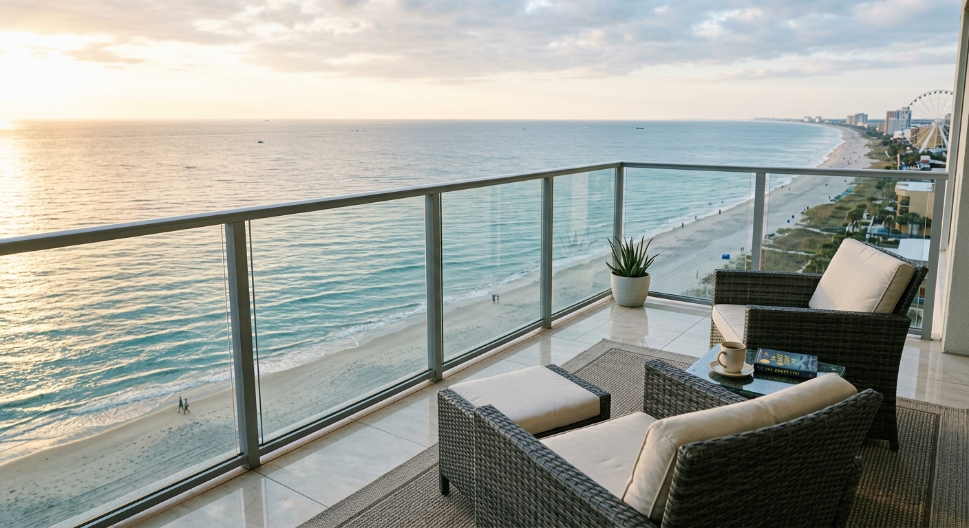 Oceanfront condo balcony overlooking the Atlantic Ocean on the South Carolina Grand Strand coastline on a sunny afternoon
