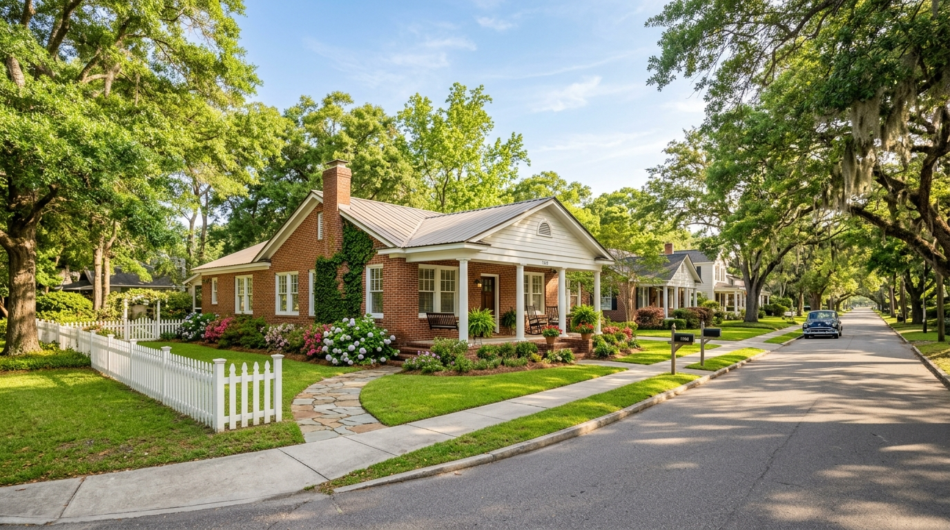 Aerial view of a tree-lined residential neighborhood along the Waccamaw River in Conway, South Carolina on a sunny afternoon