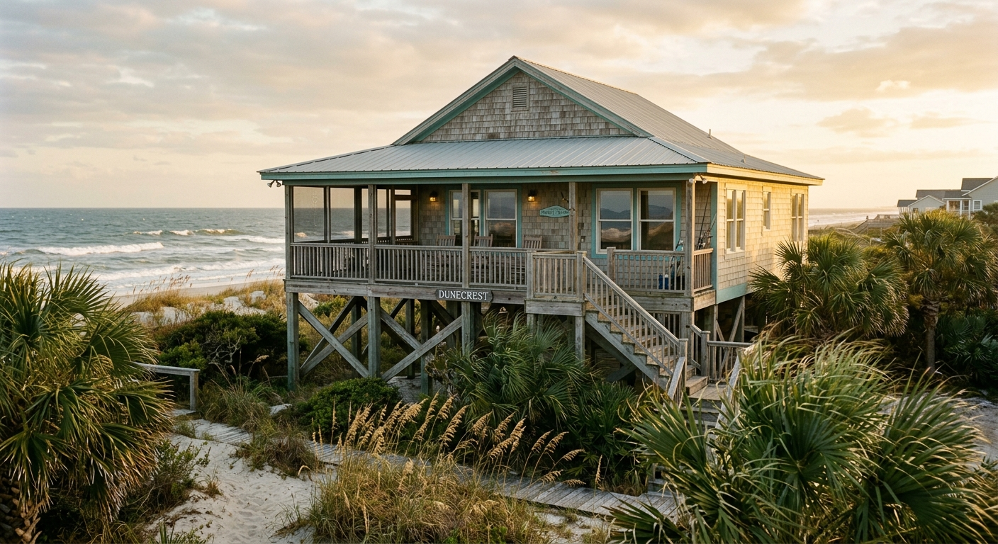 Aerial view of Pawleys Island beach homes and marsh along the South Carolina coastline on a clear day