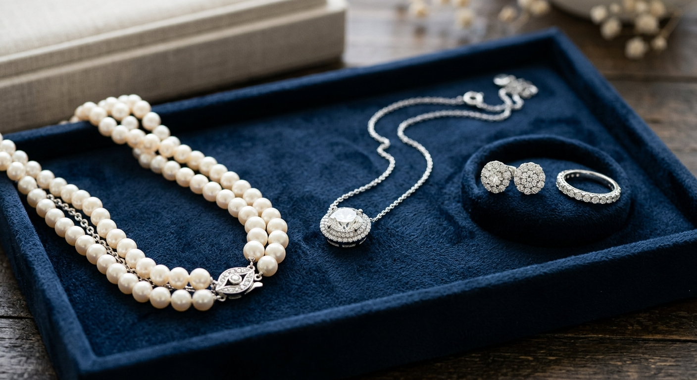 Close-up of an engagement ring and pearl necklace resting on a wooden jewelry box near a sunlit coastal window