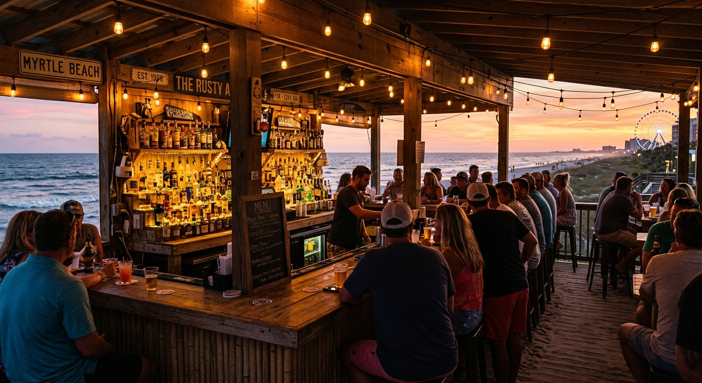Bartender pouring drinks at a busy bar on the South Carolina coast at night