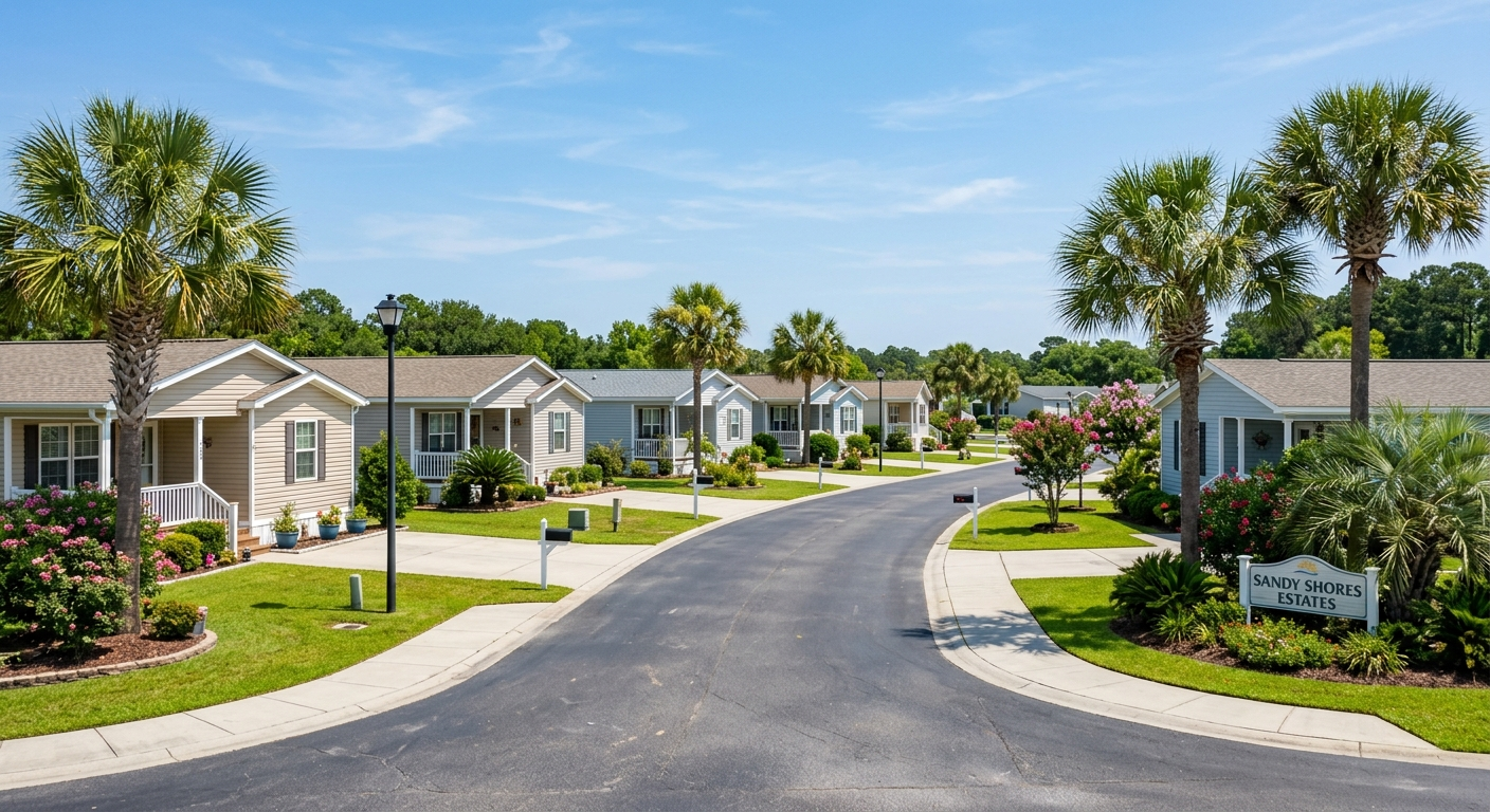 A manufactured home with palm trees in a sunny Myrtle Beach, SC neighborhood near the coast