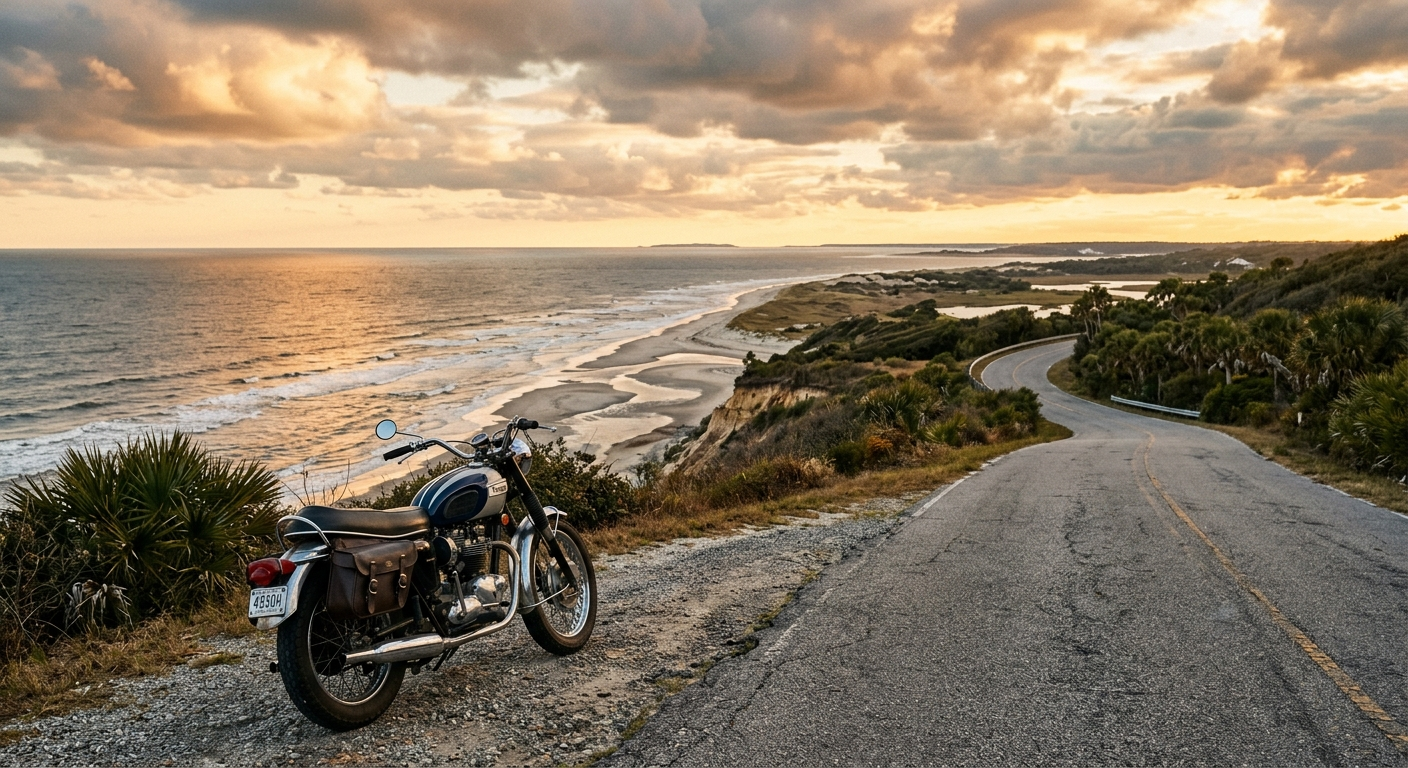 Motorcycle parked on a coastal South Carolina road near the beach with palm trees and blue sky overhead