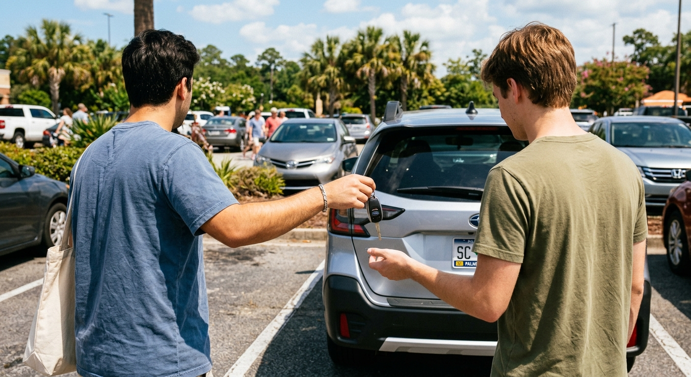 Person handing car keys to another driver in a South Carolina parking lot on a sunny day