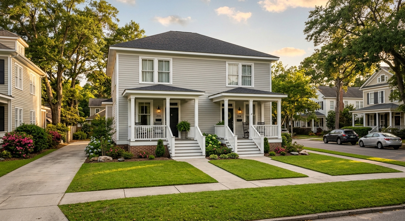 A two-story rental home on a quiet South Carolina street with a for-rent sign in the front yard on a sunny day