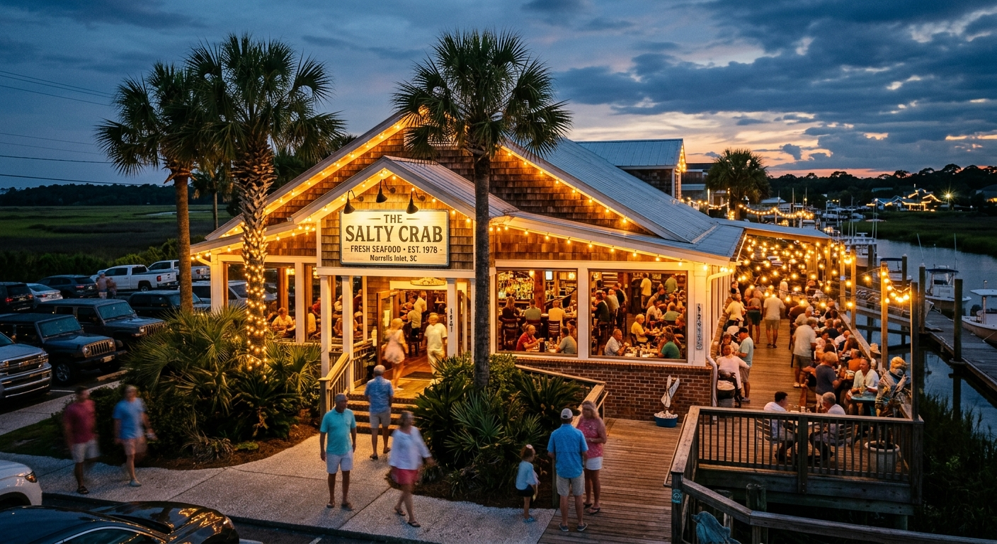 Busy South Carolina coastal restaurant kitchen with chef plating food and dining room visible through service window