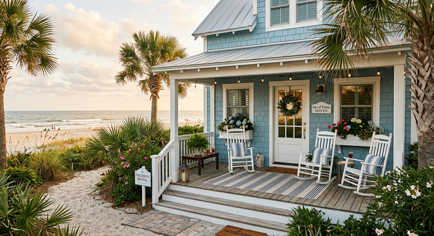 Beachfront vacation rental home on the South Carolina coast with a wooden deck overlooking the ocean on a sunny day