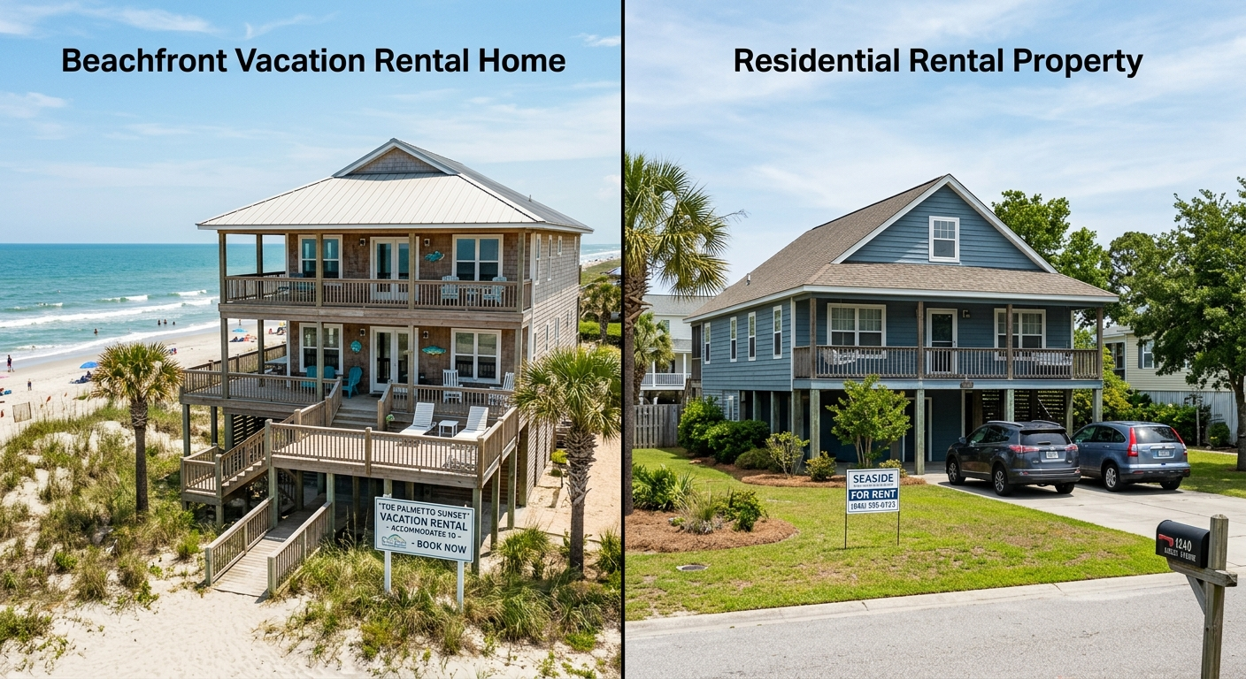 Beachfront vacation rental home on the South Carolina coast with a long-term rental house on a quiet residential street