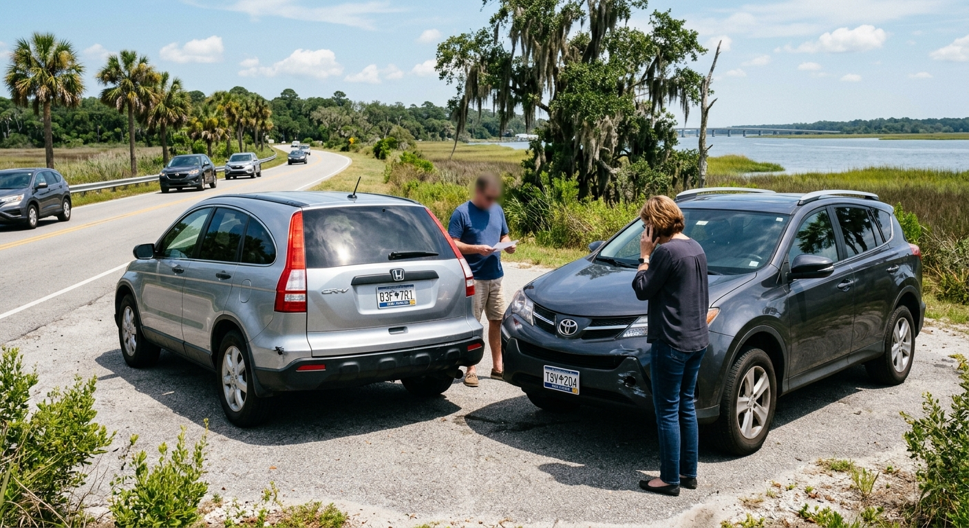 Two cars stopped on a sunny South Carolina coastal highway after a minor fender-bender, with palm trees and blue sky in the