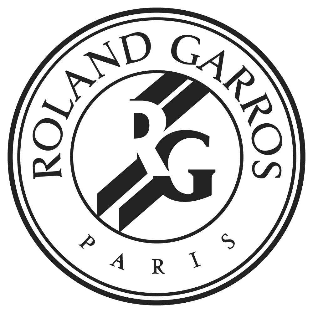 Roland Garros logo: circular emblem with "Roland Garros Paris" text surrounding the initials "RG" and stripes.