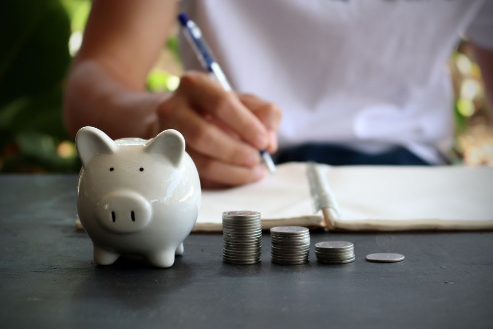 A Piggy Bank, Coins, and Person Writing in a Notebook — Tenth Avenue Accountants & Financial Advisors in Toukley, NSW