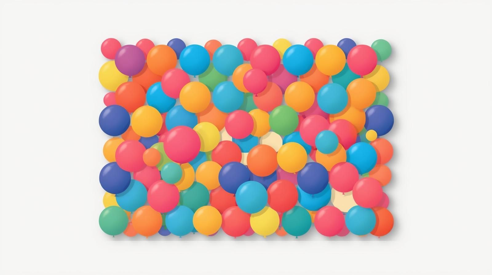 Colorful balloons fill a rectangular space against a white background.