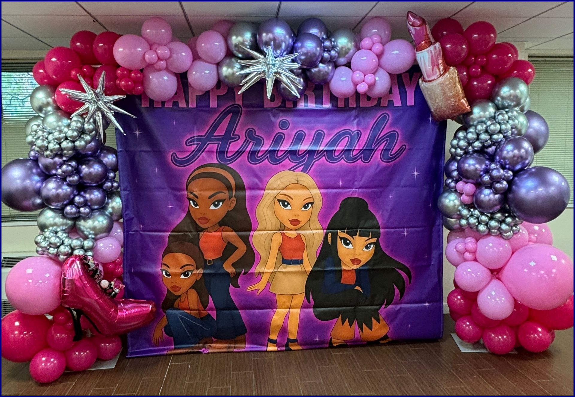 Birthday backdrop with Bratz characters, name