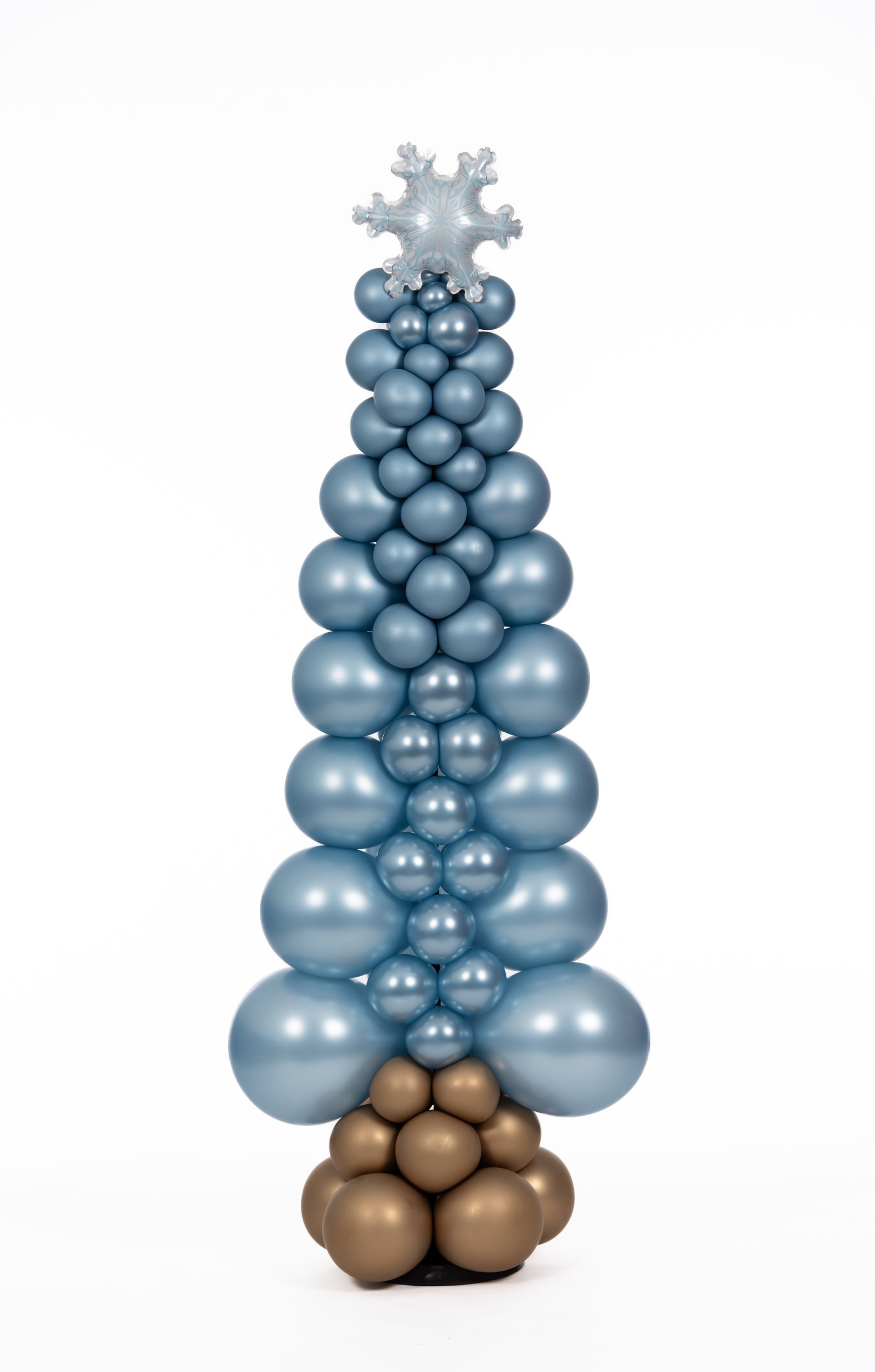 Blue and gold balloon Christmas tree with snowflake topper.