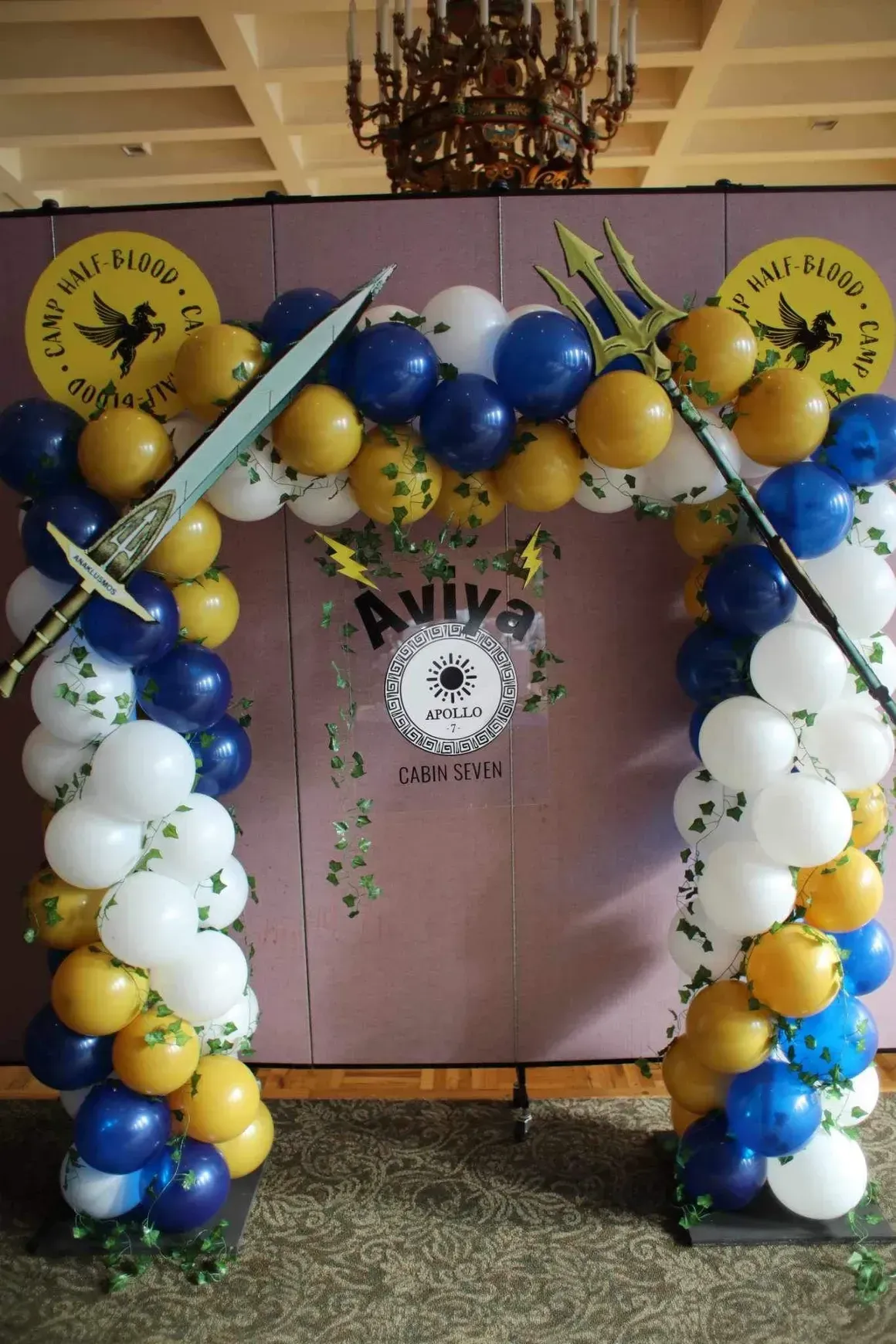 A blue and yellow balloon arch with the word aviva on it
