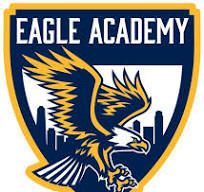 Eagle Academy school logo: eagle in flight over city skyline, blue and gold colors.