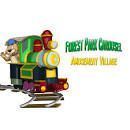 Colorful carousel train with a smiling animal character.