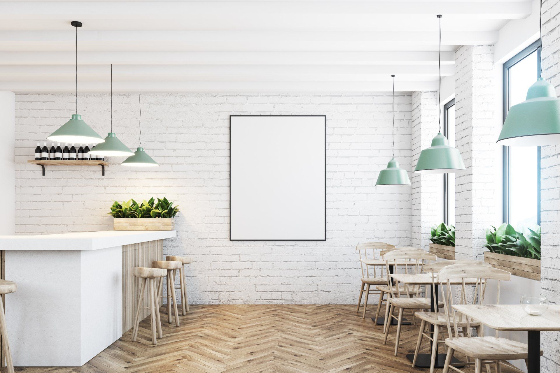 White brick cafe and bar interior with a wooden floor, a marble and wooden bar stand, chairs and tables.