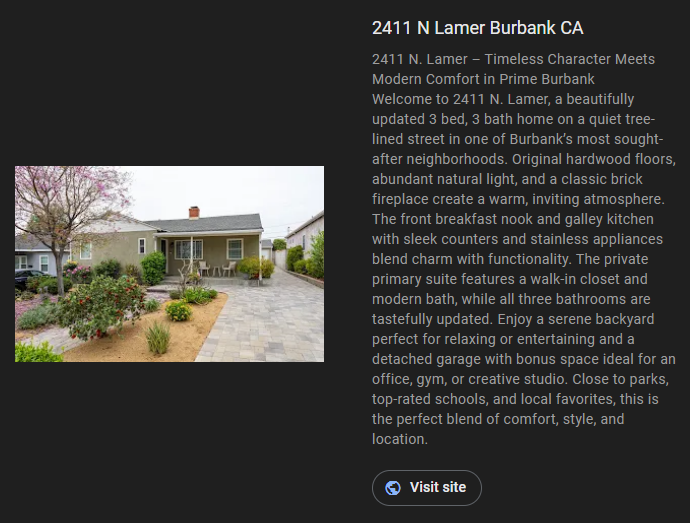 Real estate listing: house exterior, front yard, and text description.