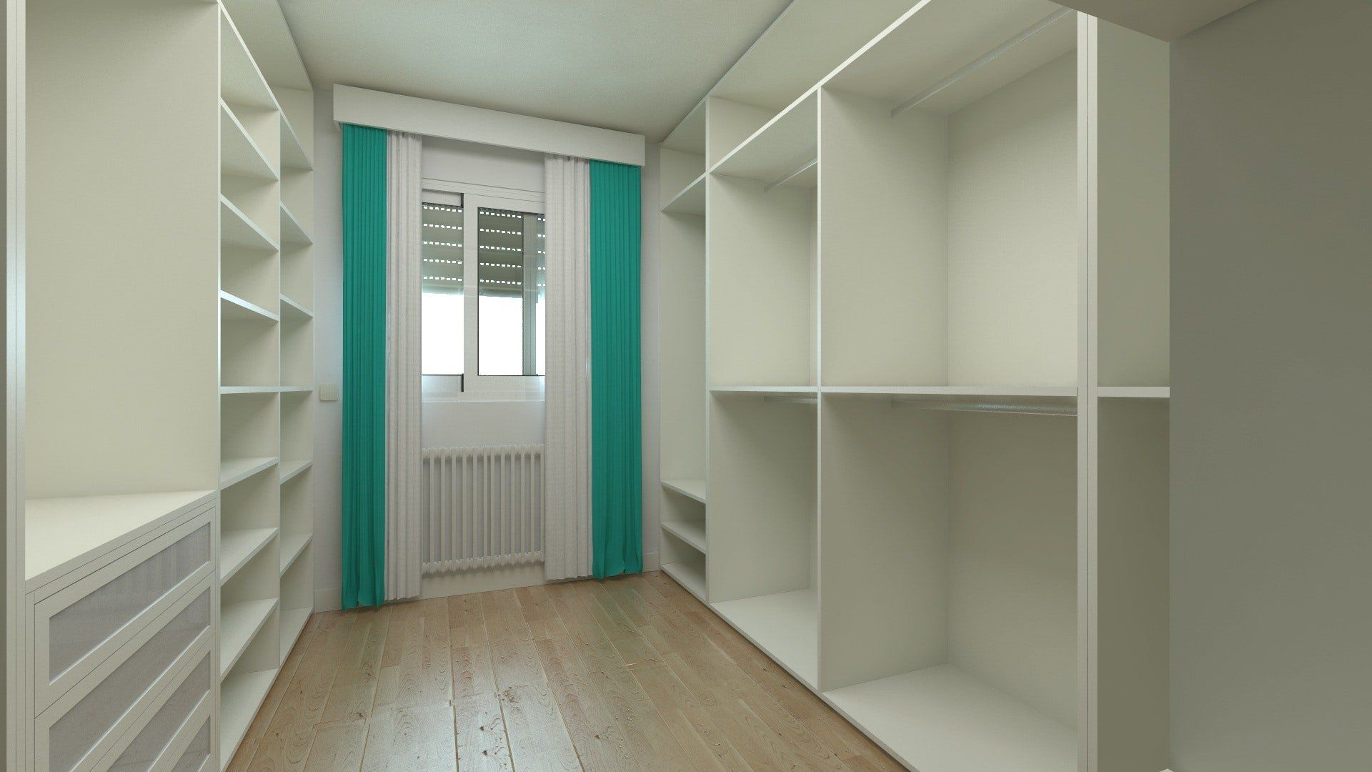 A White Wardrobe Space with Blue and White Curtains — Crispin Cabinetmakers in Yamba, NSW