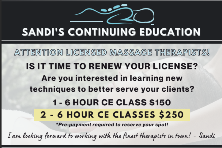 A poster advertising sandi 's continuing education for licensed massage therapists