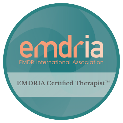 EMDRIA Certified Therapist badge: teal and coral circle with text
