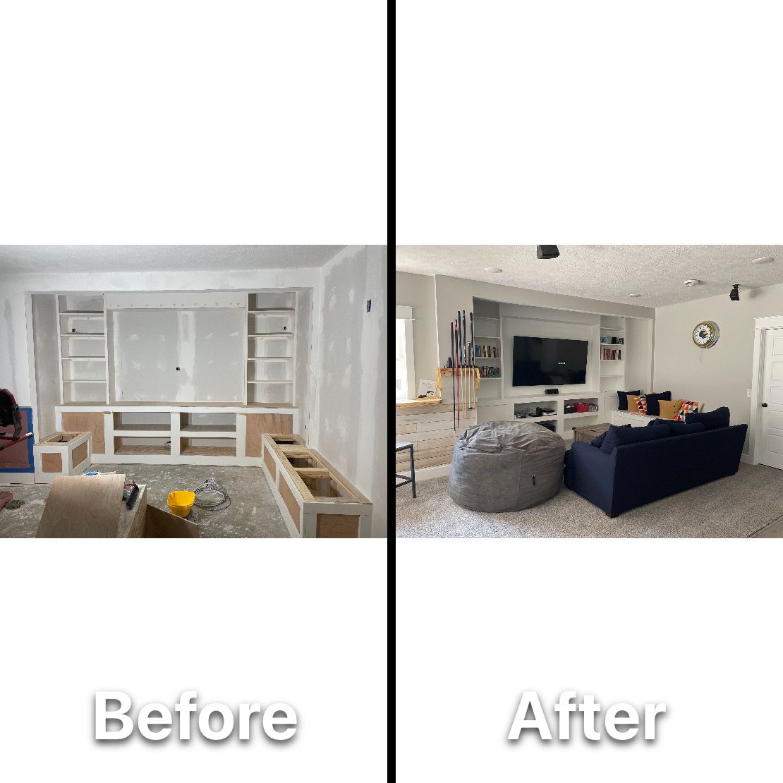 Before-and-after comparison of a living room. Construction on the left, furnished room with TV and couch on the right.