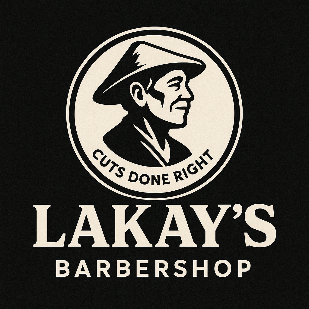 Logo for Lakay's Barbershop: Man in conical hat,