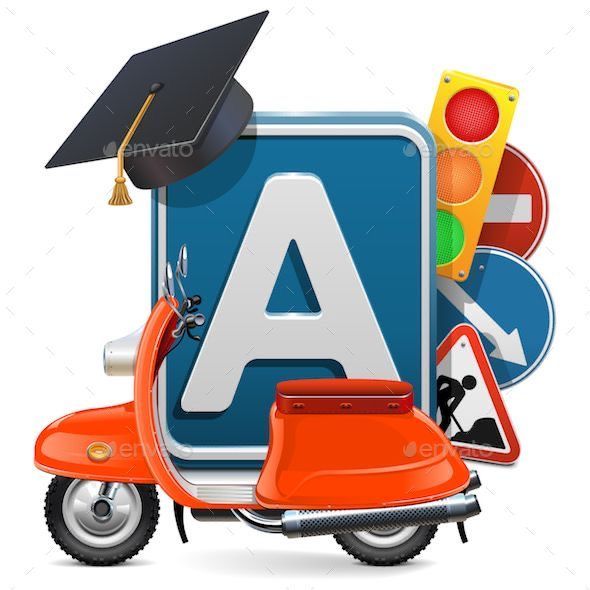 Oranje scooter met de letter A, afstudeerpet en verkeersborden.