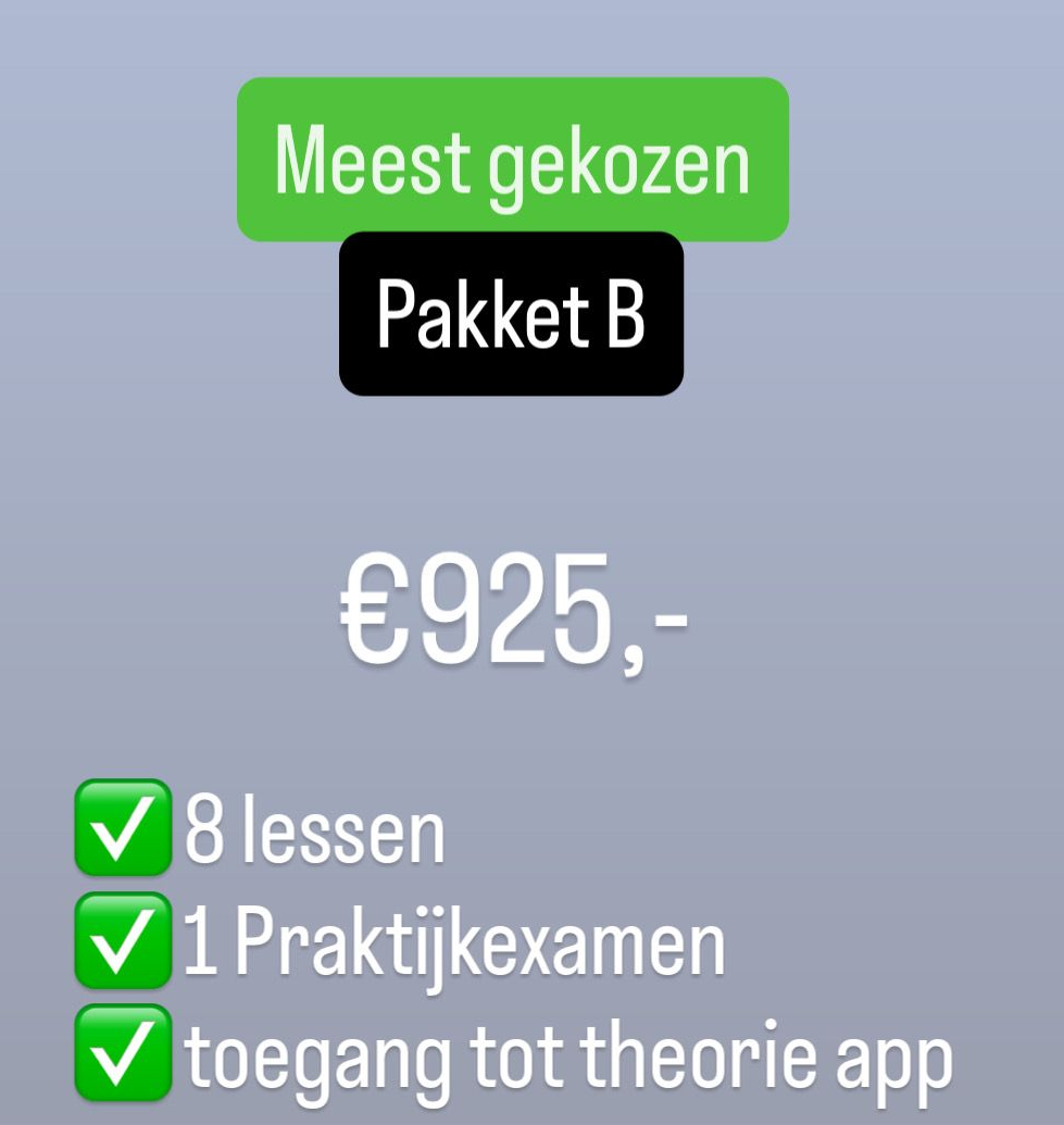 Het meest gekozen pakket is pakket B, voor €925, met 8 lessen, 1 praktijkexamen en toegang tot de theorie-app.