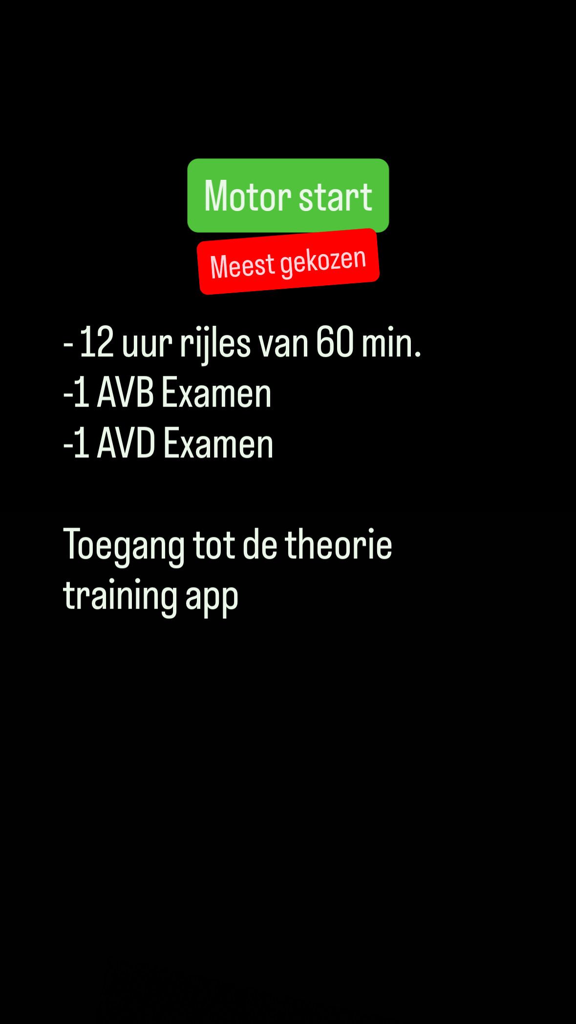 Pakket A: €645 voor 4 lessen, 1 oefenexamen en toegang tot de theorie-app (grijze achtergrond)