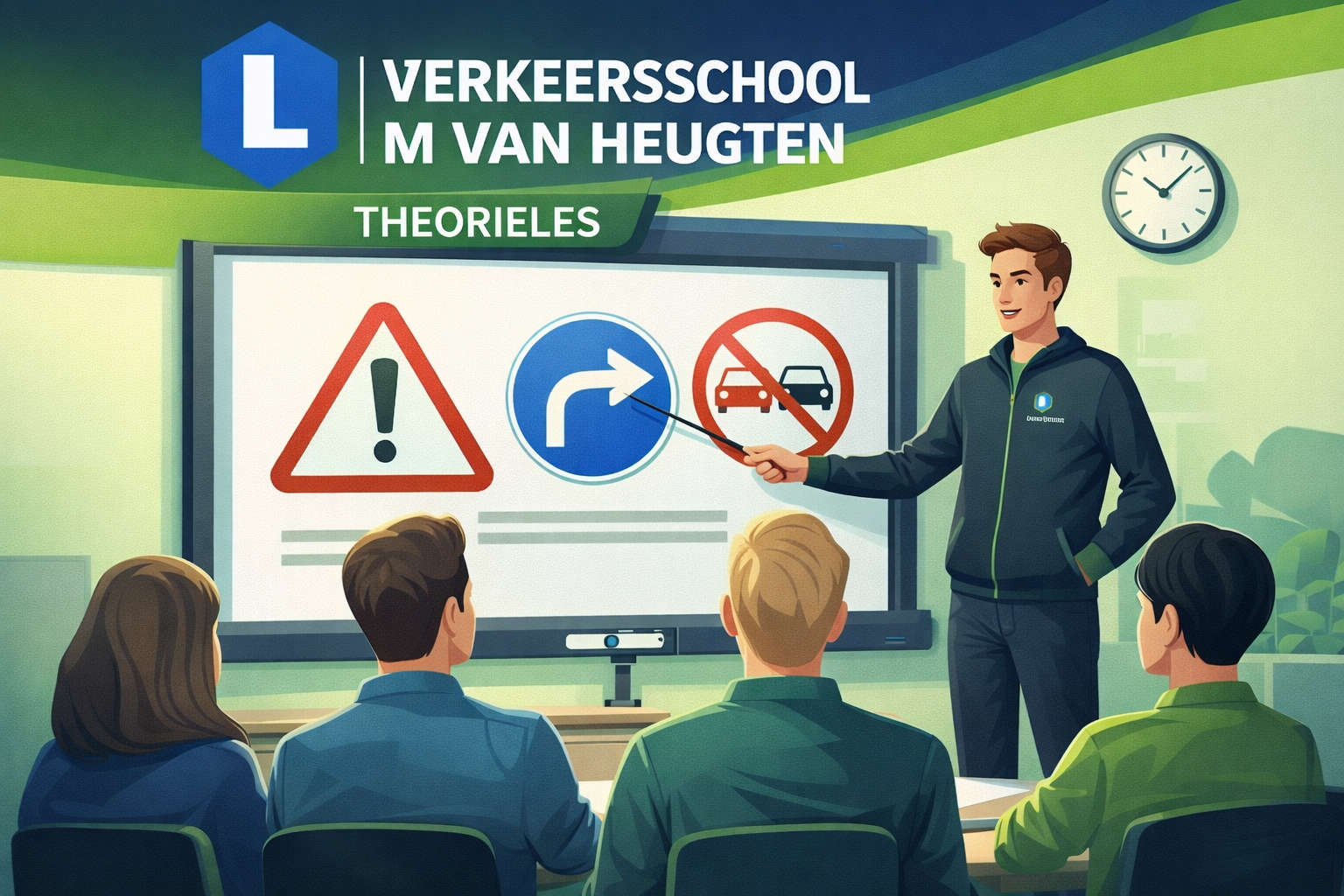Rijleslokaal met instructeur die verkeersborden op een scherm toont aan zittende leerlingen