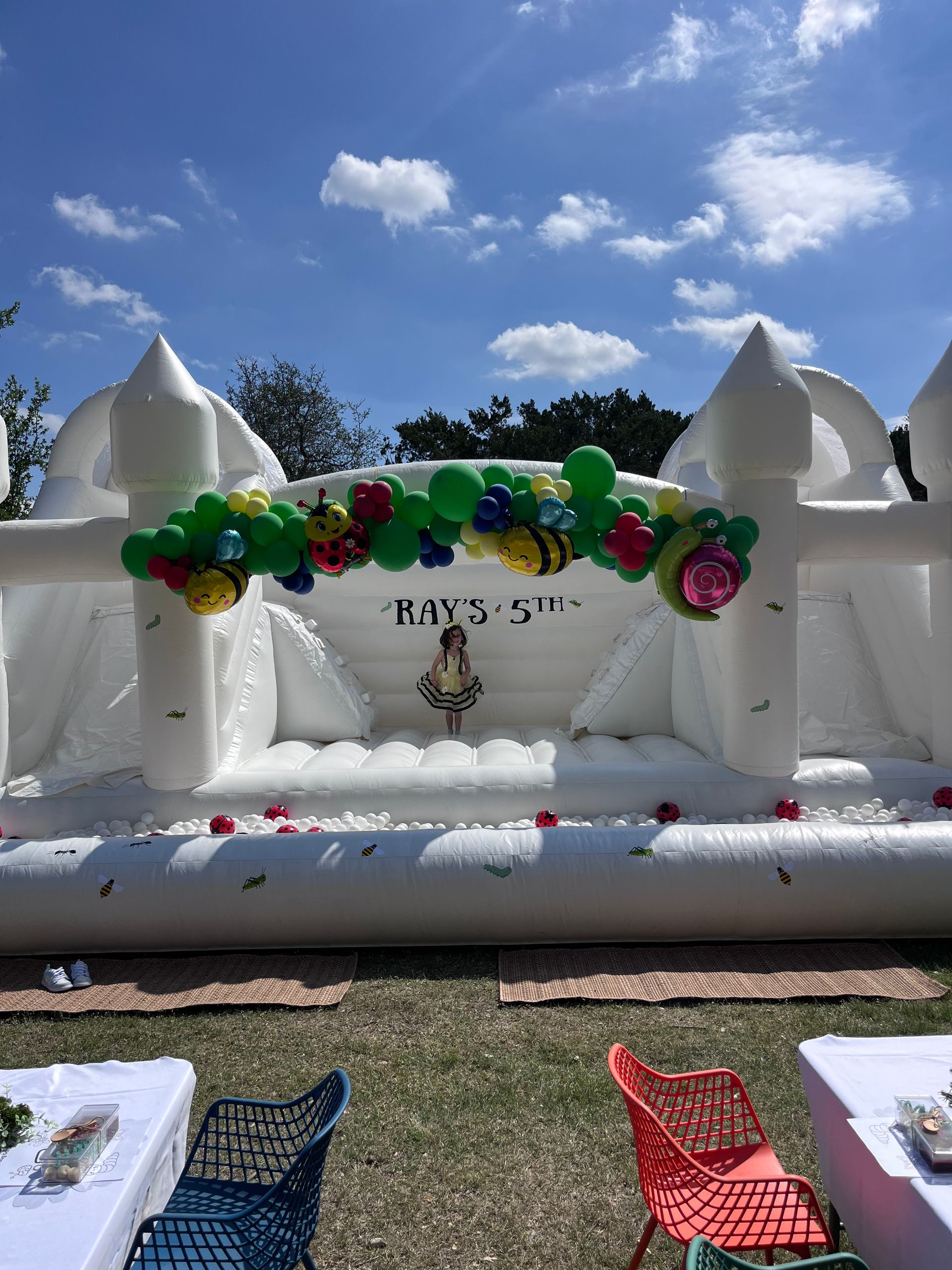A balloon garland on a castle. 