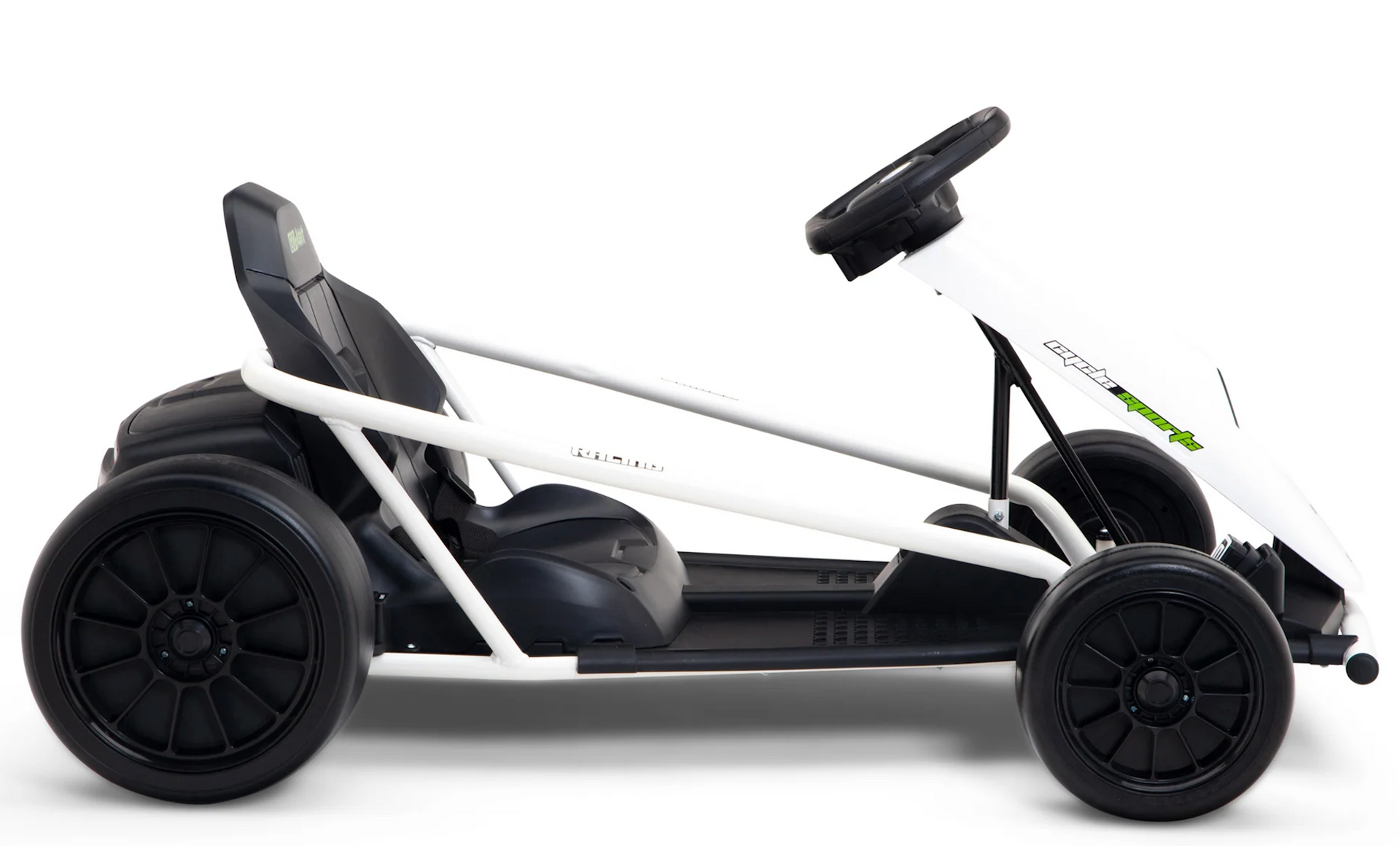 A white and black go kart with a steering wheel on a white background.